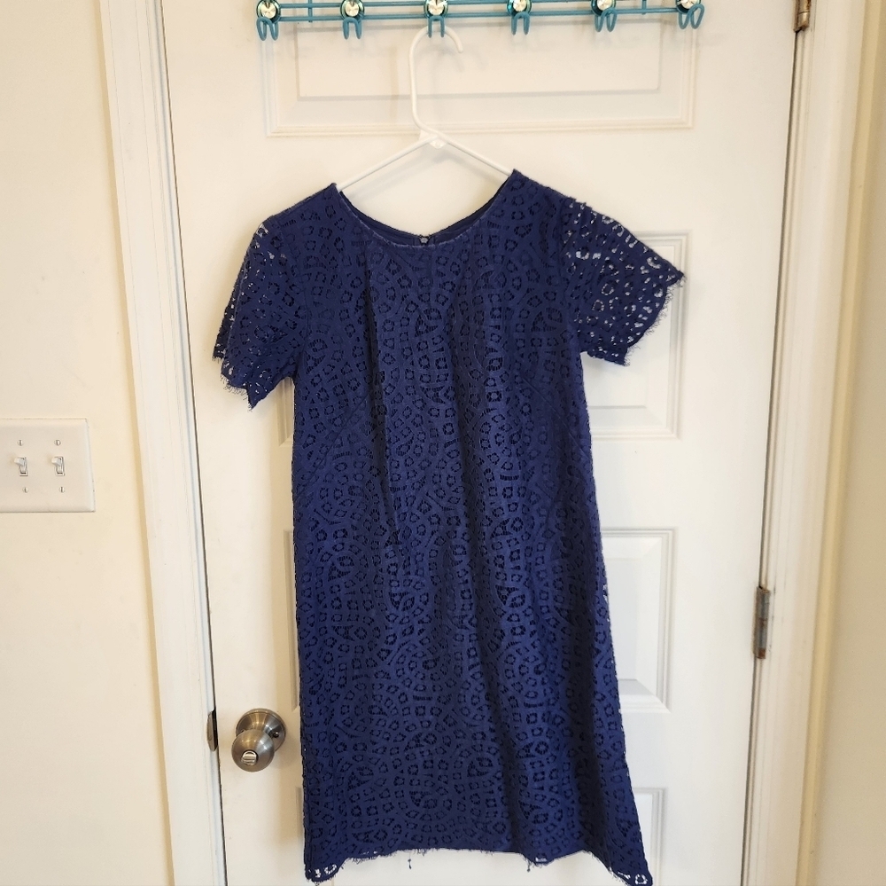 Womens Navy Blue Ann Taylor Size 0 Lace Short Sleeve Dress Midi‎ #DD693